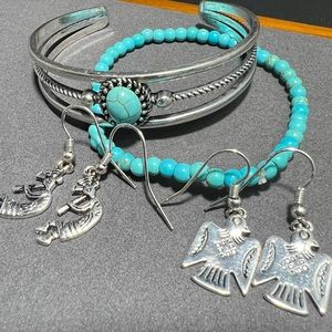 Native American Style Faux Turquoise Silver Jewelry Kokopelli Thunderbird Bundle